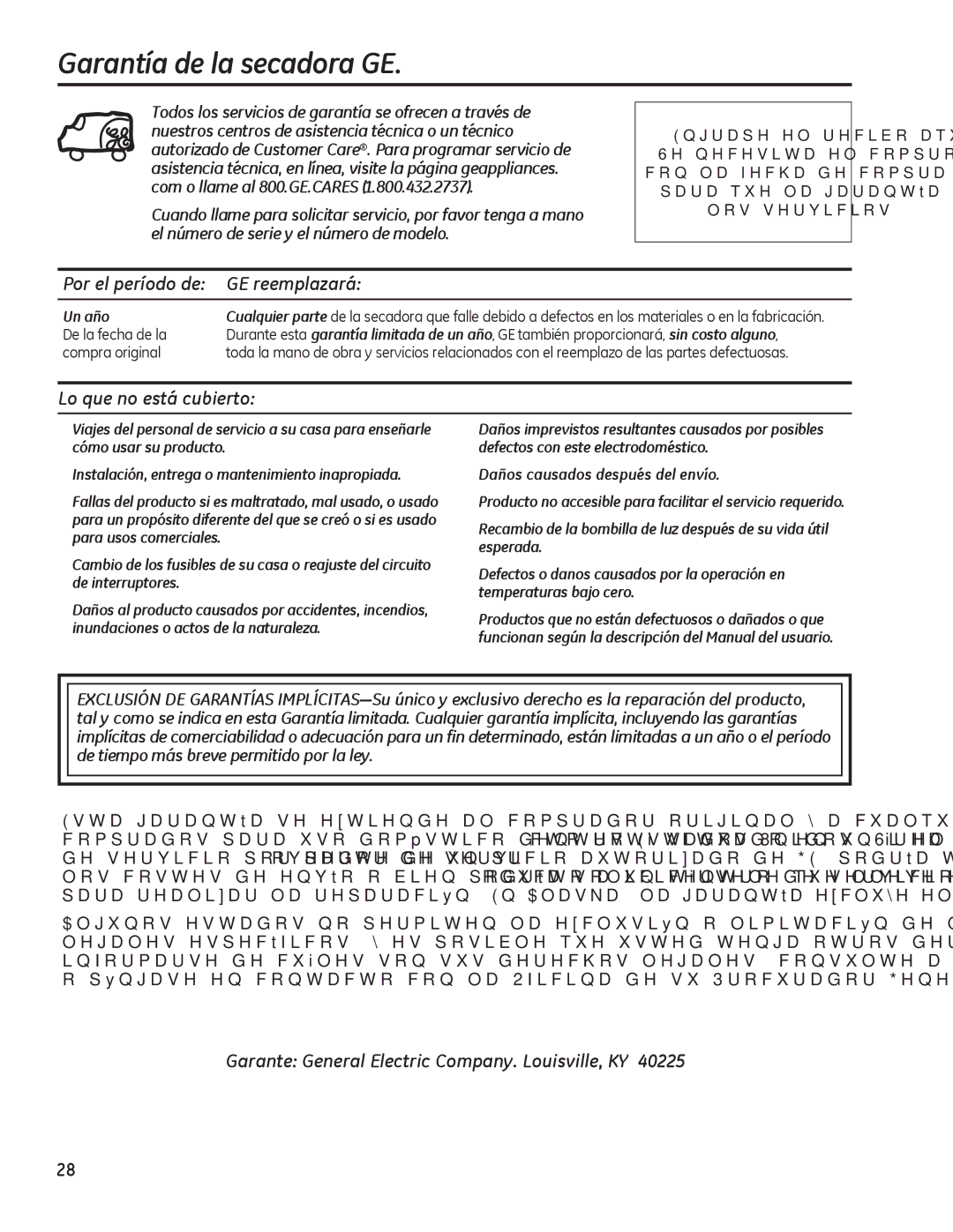 GE GFDN240, GFDN245, GFDS350, GFDS355 DUDQWtDGHODVHFDGRUD*, 3RUHOSHUtRGRGH *UHHPSODDUi, TXHQRHVWiFXELHUWR 