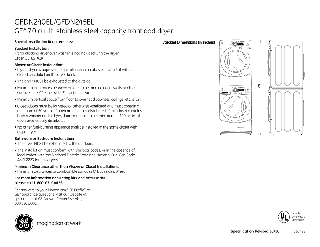 GE GFDN240EL, GFDN245ELMS dimensions Special Installation Requirements, Bathroom or Bedroom Installation 