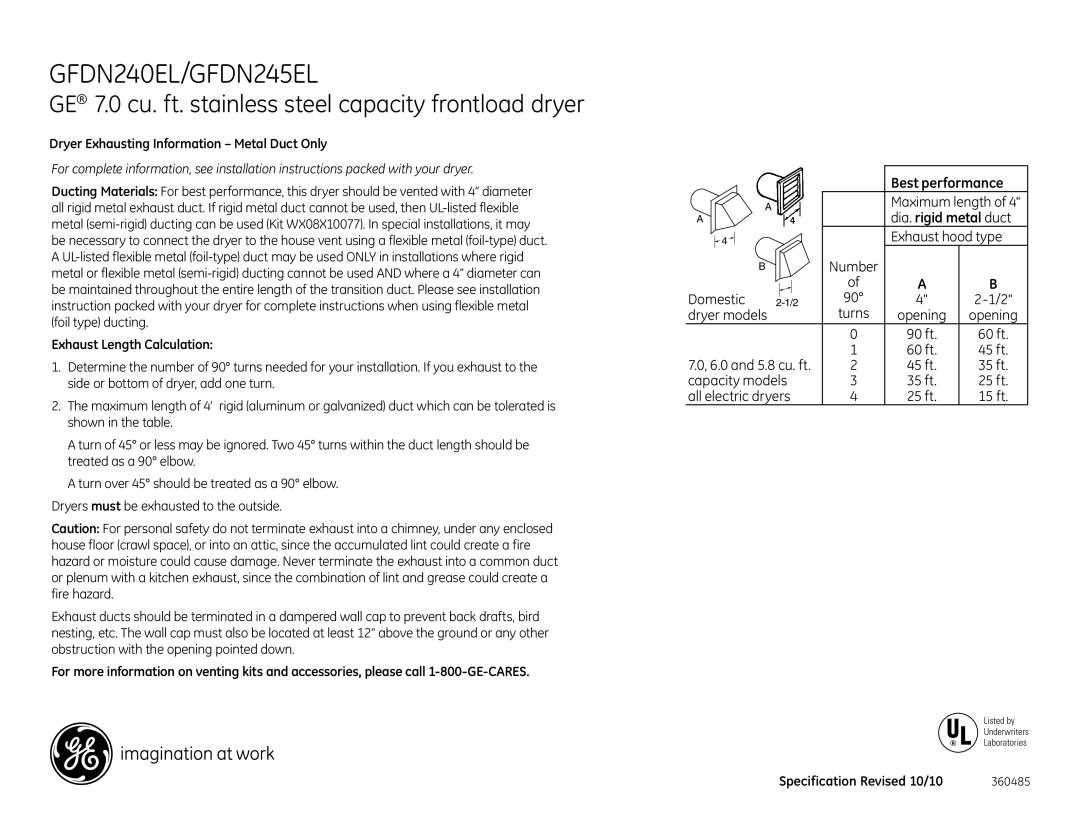 GE GFDN245ELMS Dryer Exhausting Information Metal Duct Only, Exhaust Length Calculation, Dia. rigid metal duct 