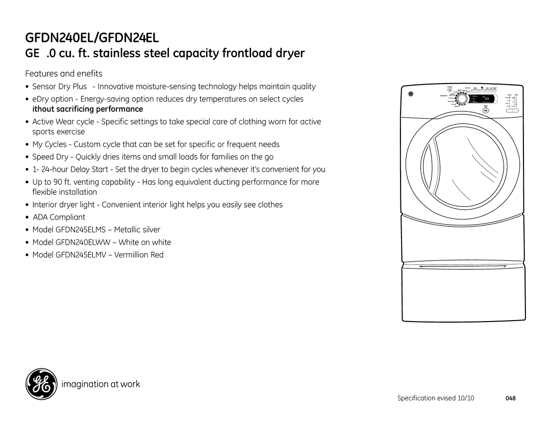 GE GFDN245ELMS, GFDN240EL dimensions Features and Benefits 