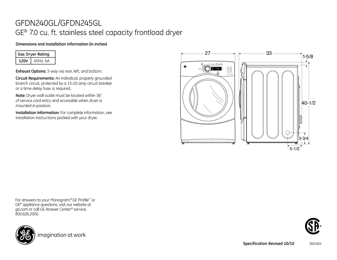 GE GFDN245GLMS, GFDN240GL dimensions Dimensions and Installation Information in inches, 120V 