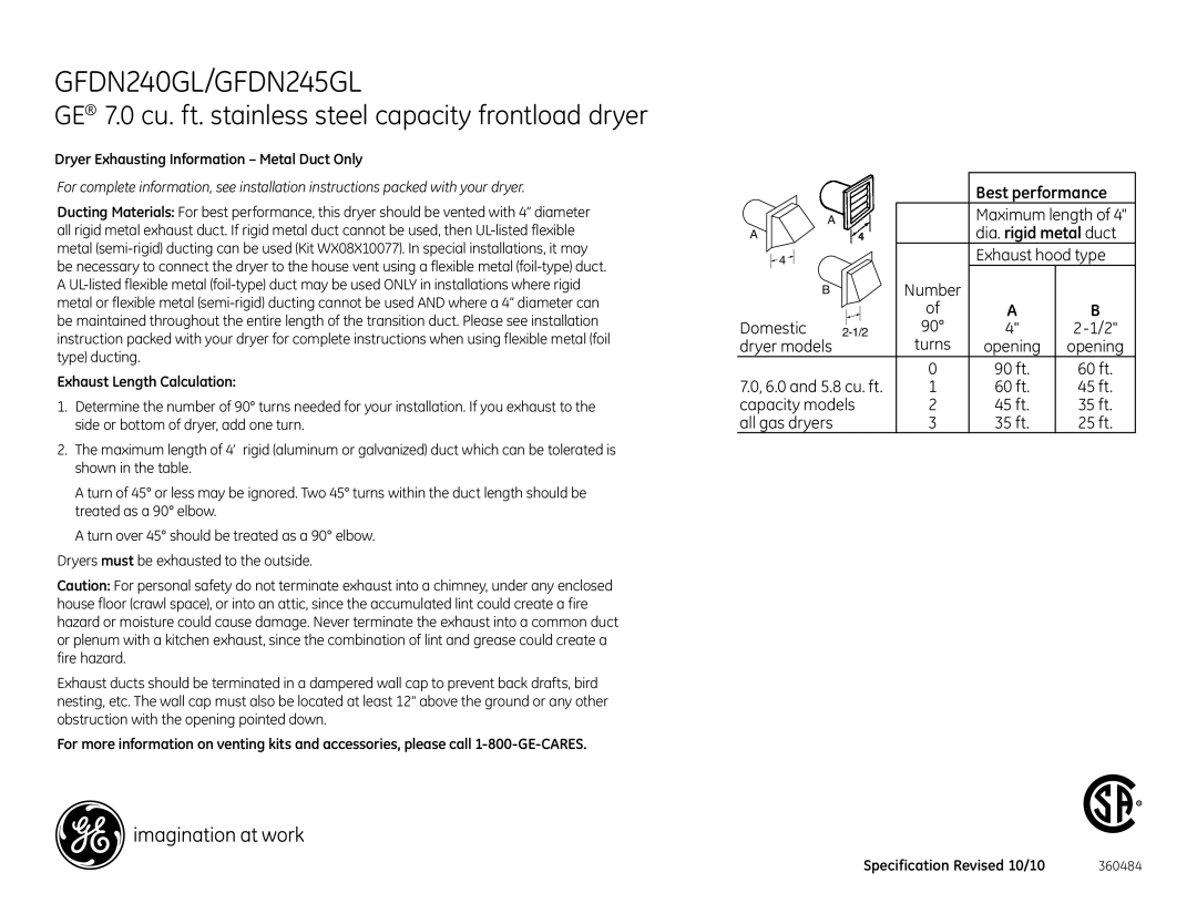 GE GFDN245GLMS, GFDN240GL dimensions Dryer Exhausting Information Metal Duct Only, Exhaust Length Calculation 