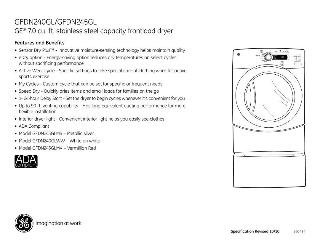 GE GFDN245GLMS, GFDN240GL dimensions Features and Benefits 