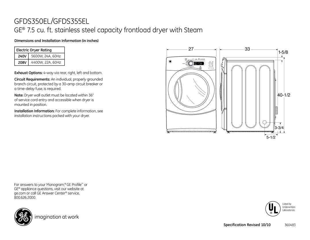 GE GFDS350ELWW, GFDS355ELMS, GFDS355ELMV, GFDS355ELJMS dimensions GFDS350EL/GFDS355EL, Specification Revised 10/10 