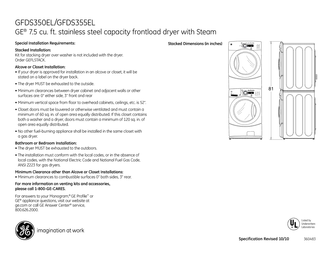 GE GFDS355ELMS, GFDS350ELWW, GFDS355ELMV dimensions Special Installation Requirements, Bathroom or Bedroom Installation 