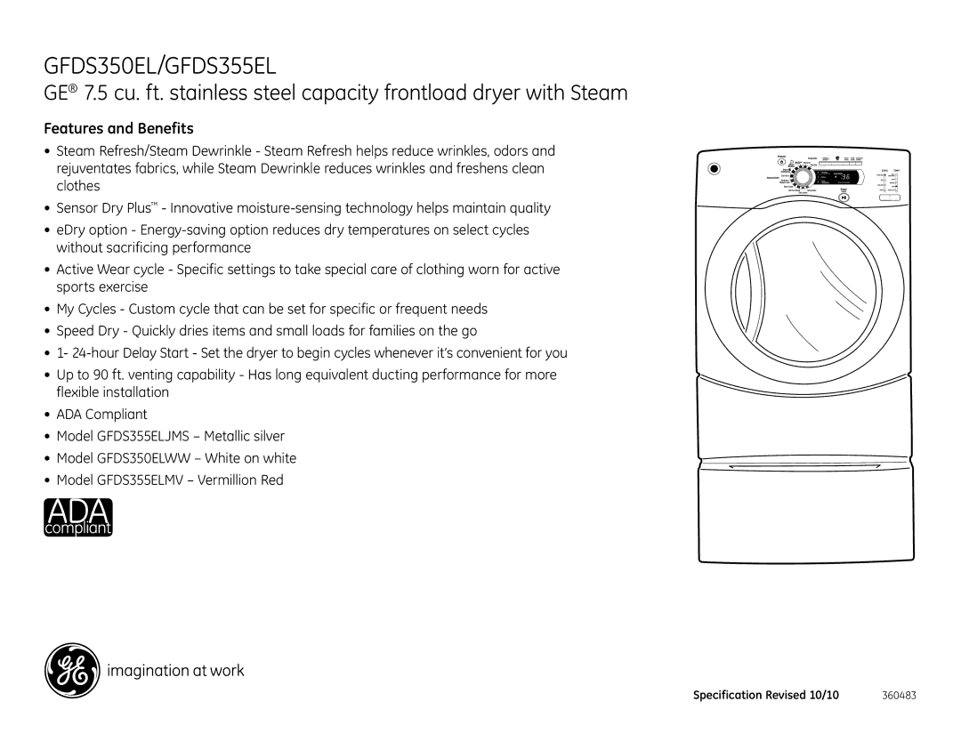 GE GFDS355ELMV, GFDS350ELWW, GFDS355ELMS, GFDS355ELJMS dimensions Features and Benefits 