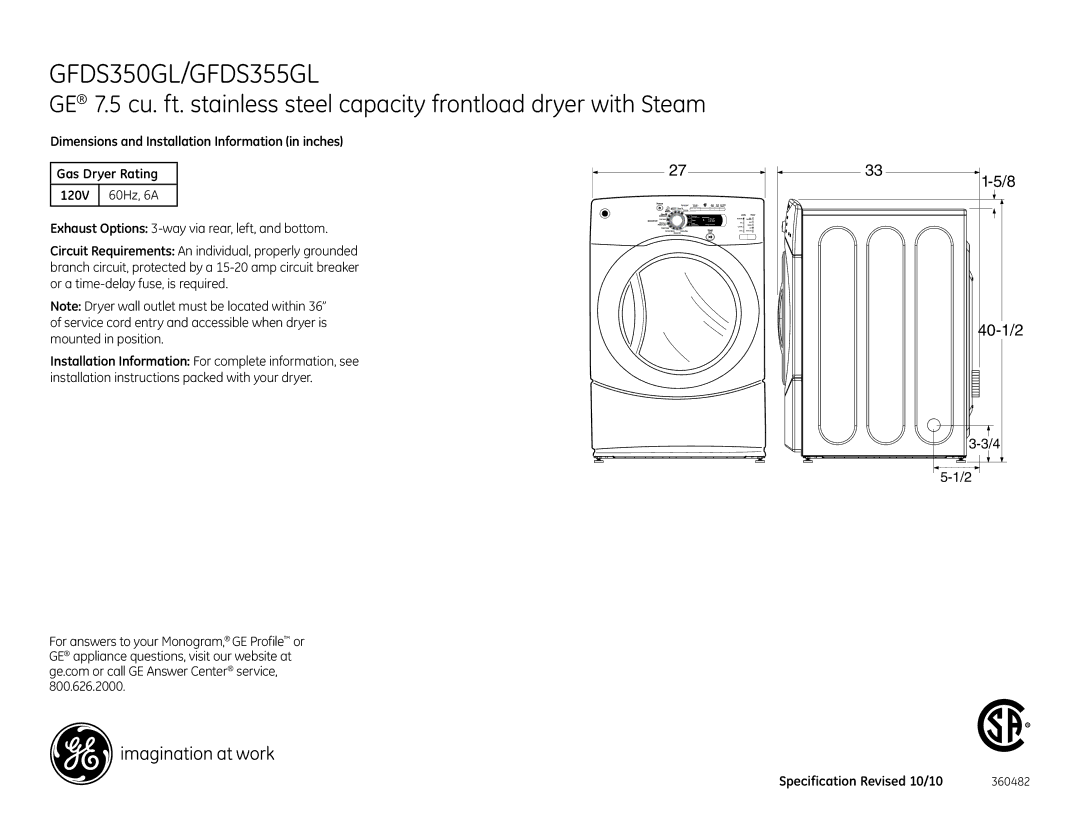 GE GFDS350GLWW, GFDS355GLMS, GFDS355GLMV dimensions Dimensions and Installation Information in inches, 120V 