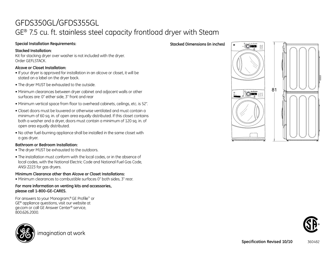 GE GFDS355GLMS, GFDS350GLWW Special Installation Requirements, Stacked Installation, Alcove or Closet Installation 