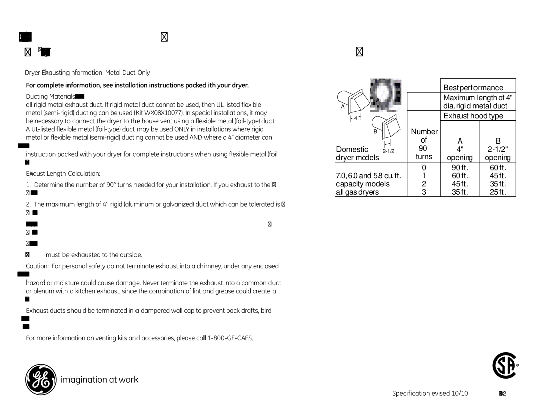 GE GFDS355GLMV, GFDS350GLWW, GFDS355GLMS dimensions Dryer Exhausting Information Metal Duct Only, Exhaust Length Calculation 