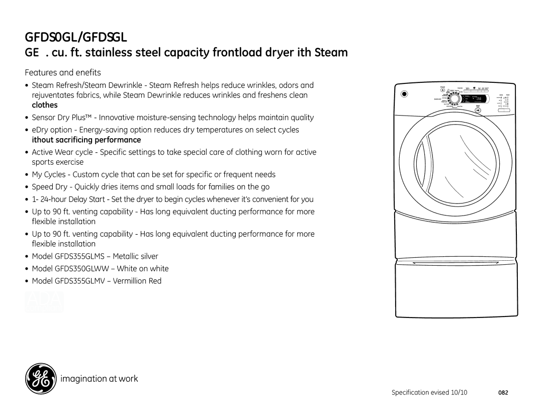 GE GFDS350GLWW, GFDS355GLMS, GFDS355GLMV dimensions Features and Benefits 