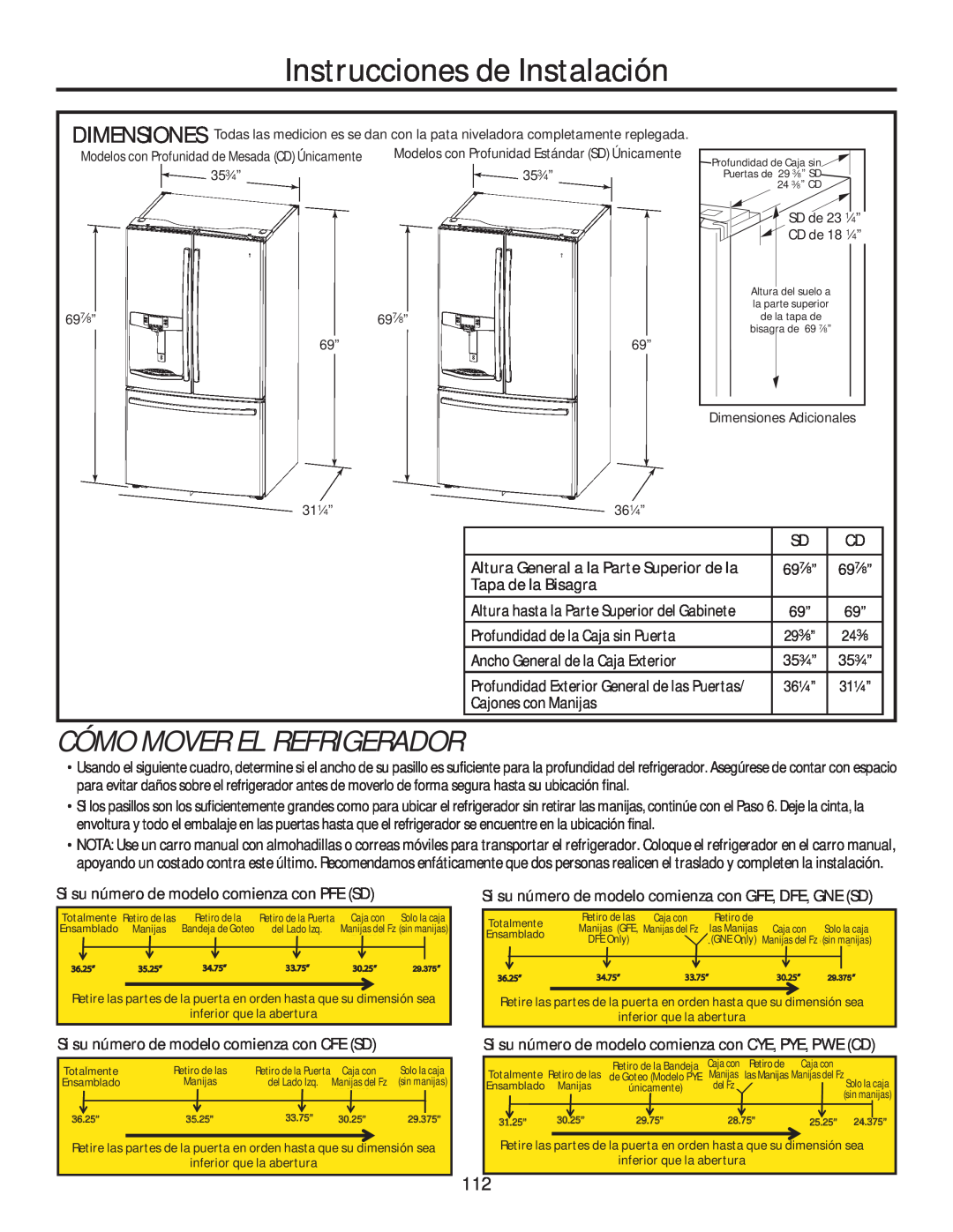GE GFE28HMHES Instrucciones de Instalación, Cómo Mover El Refrigerador, Altura General a la Parte Superior de la 