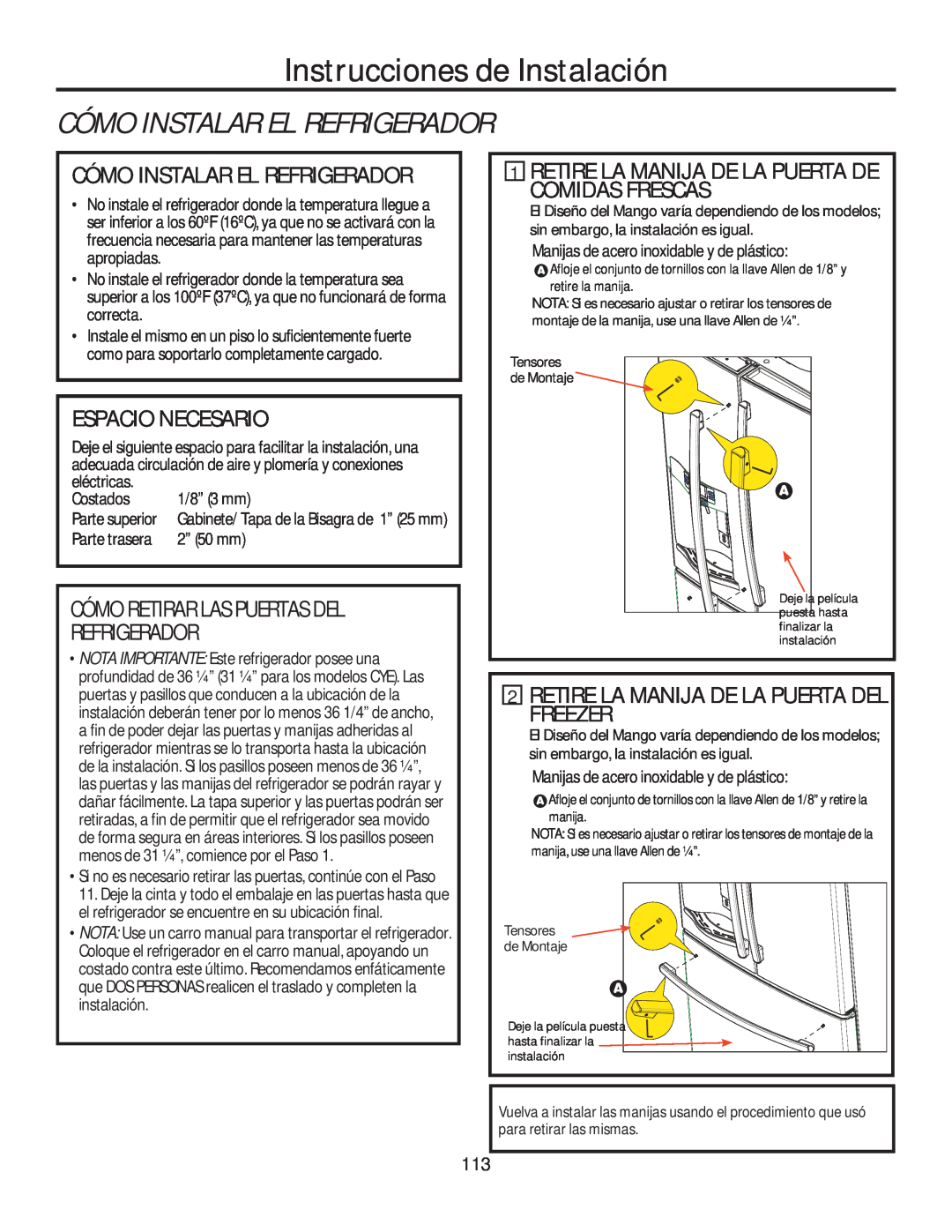 GE GFE28HSHSS, GFE28HGHBB Cómo Instalar El Refrigerador, Espacio Necesario, Cómo Retirar Las Puertas Del Refrigerador 