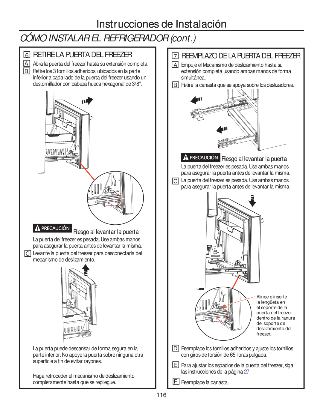 GE GFE28HSHSS, GFE28HGHBB Retire La Puerta Del Freezer, Reemplazo De La Puerta Del Freezer, Instrucciones de Instalación 