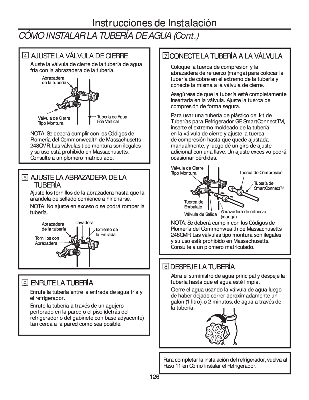 GE GFE28HGHBB, GFE28HMHES Ajuste La Válvula De Cierre, Conecte La Tubería A La Válvula, Ajuste La Abrazadera De La Tubería 