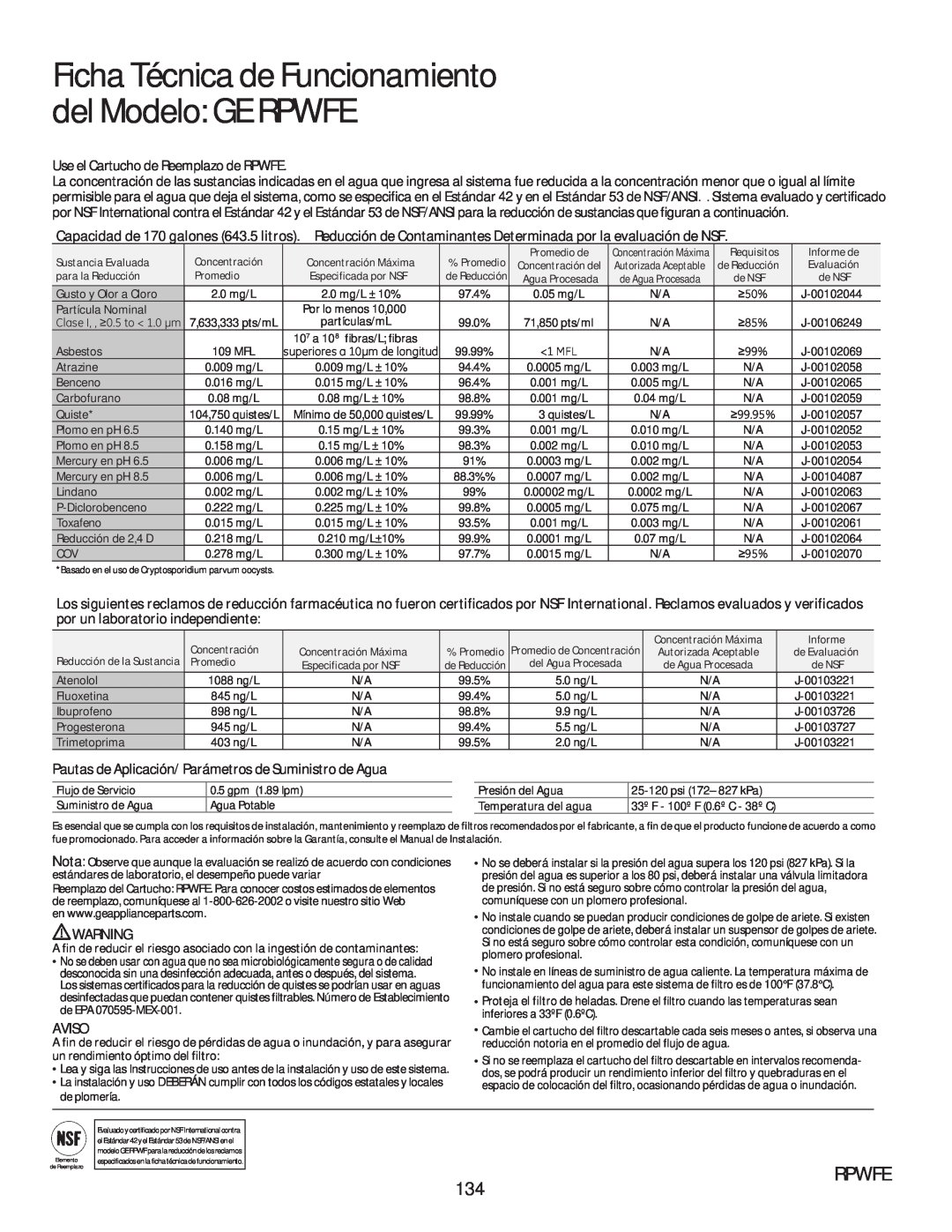 GE GFE28HSHSS Ficha Técnica de Funcionamiento del Modelo GE RPWFE, Rpwfe, Aviso, Sustancia Evaluada, Concentración, • 