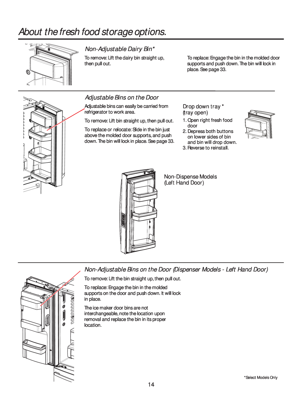 GE GFE28HSHSS Non-Adjustable Dairy Bin, Adjustable Bins on the Door, About the fresh food storage options, Drop down tray 