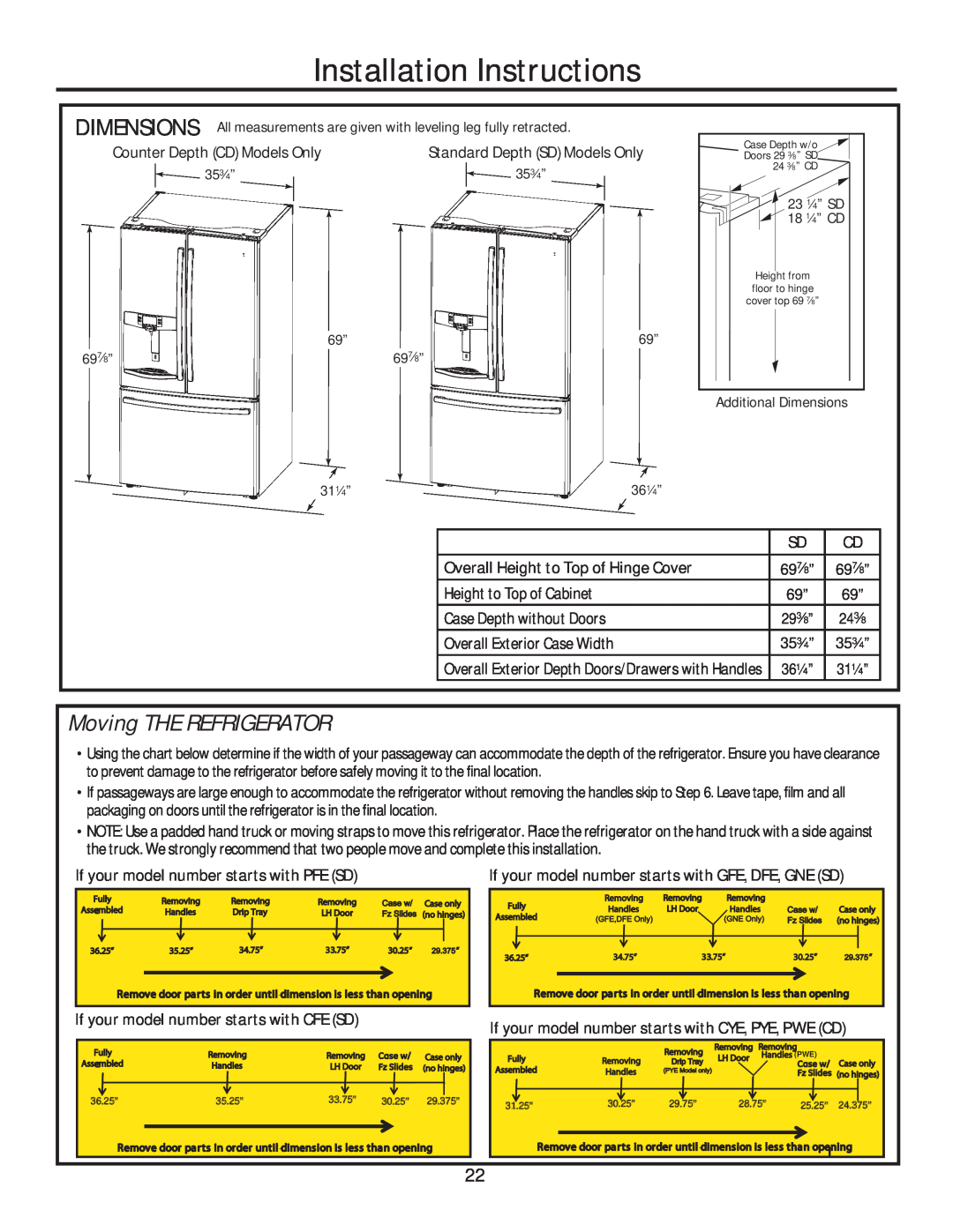 GE GFE28HMHES, GFE28HGHBB Installation Instructions, Moving THE REFRIGERATOR, Overall Height to Top of Hinge Cover 
