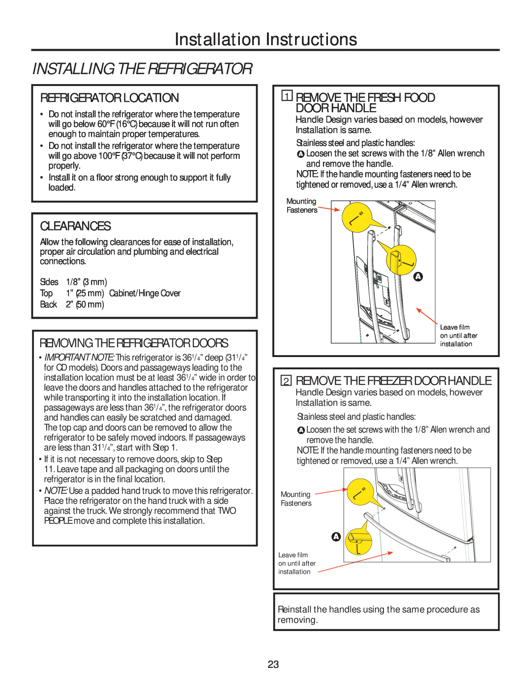 GE GFE28HSHSS Installing The Refrigerator, Refrigerator Location, Clearances, Remove The Fresh Food Door Handle 