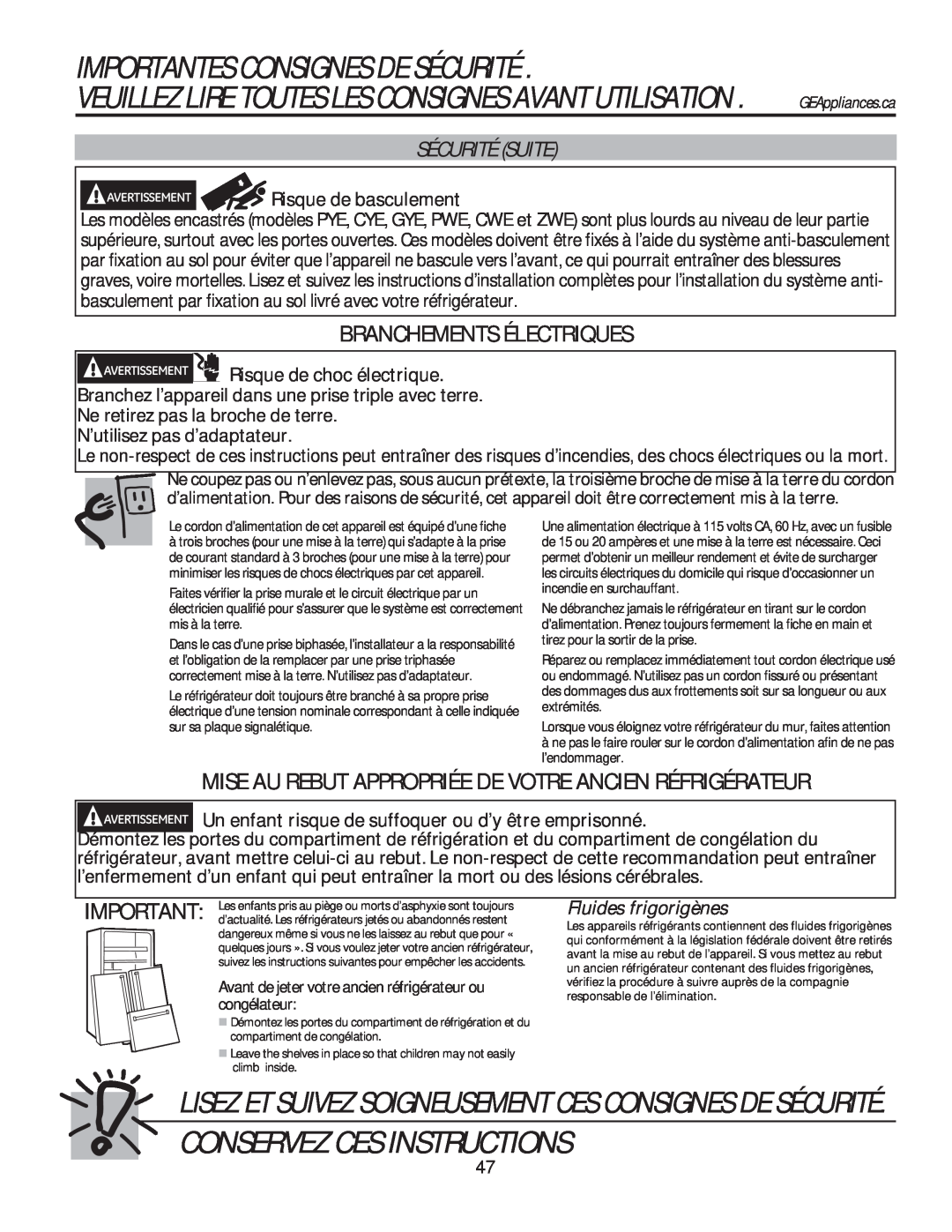 GE GFE28HSHSS Conservez Ces Instructions, Veuillez Lire Toutes Les Consignes Avant Utilisation, Branchements Électriques 