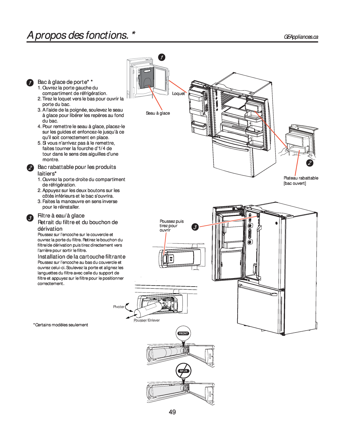 GE GFE28HMHES A propos des fonctions, GEAppliances.ca, Bac à glace de porte, Bac rabattable pour les produits laitiers 