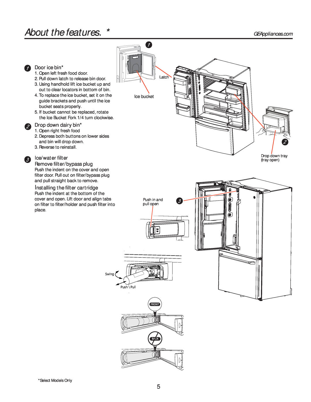 GE GFE28HSHSS, GFE28HGHBB About the features, GEAppliances.com, Door ice bin, Ice/water filter Remove filter/bypass plug 