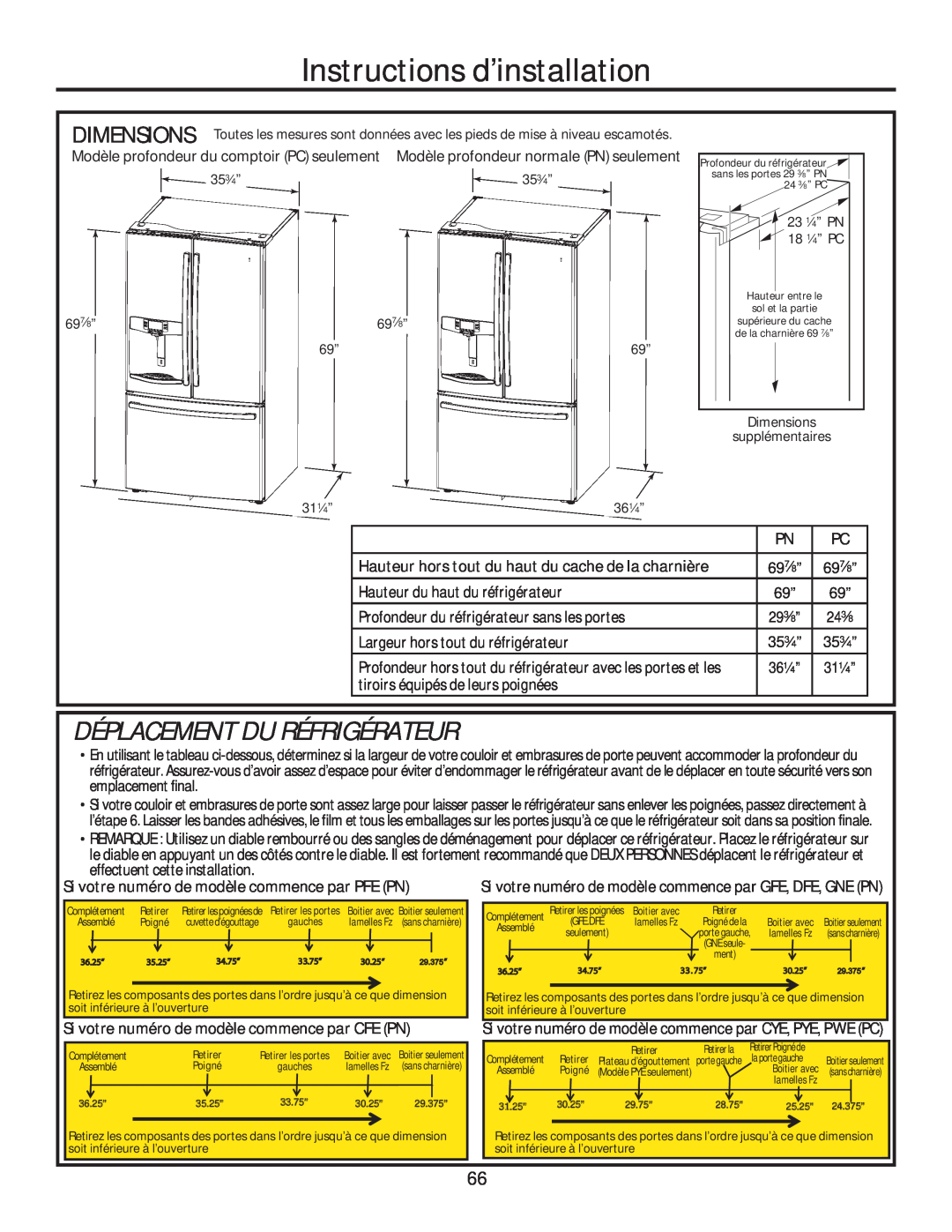 GE GFE28HGHBB, GFE28HMHES Instructions d’installation, Déplacement Du Réfrigérateur, Hauteur du haut du réfrigérateur 