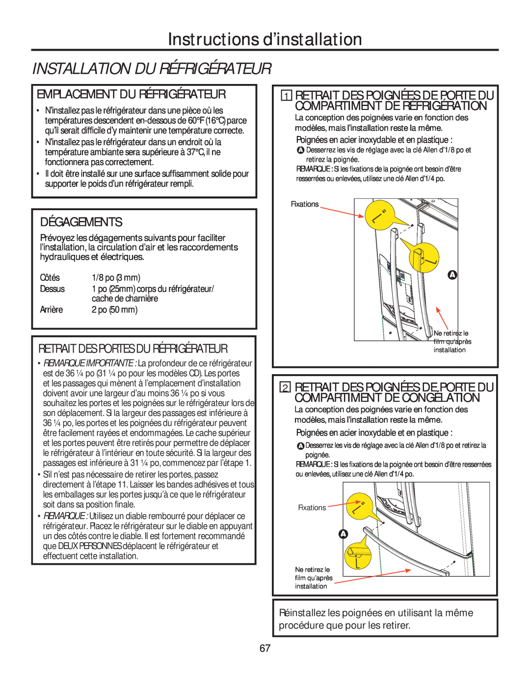 GE GFE28HMHES Installation Du Réfrigérateur, Emplacement Du Réfrigérateur, Dégagements, Instructions d’installation 