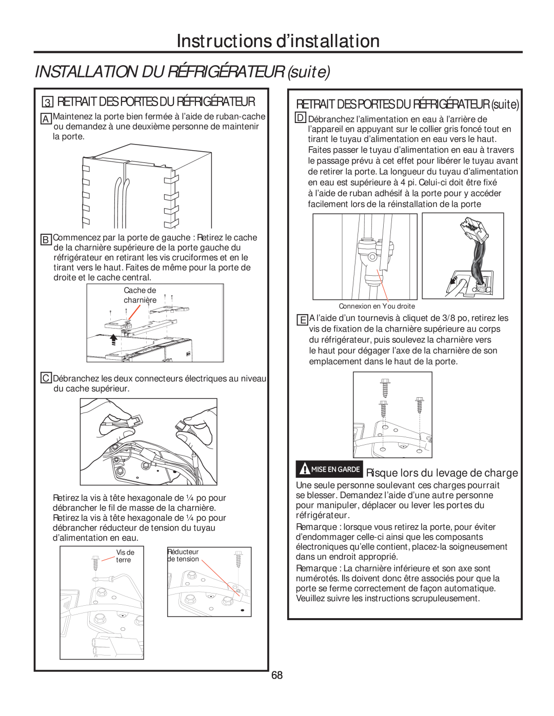 GE GFE28HSHSS INSTALLATION DU RÉFRIGÉRATEUR suite, Retrait Des Portes Du Réfrigérateur, Instructions d’installation 