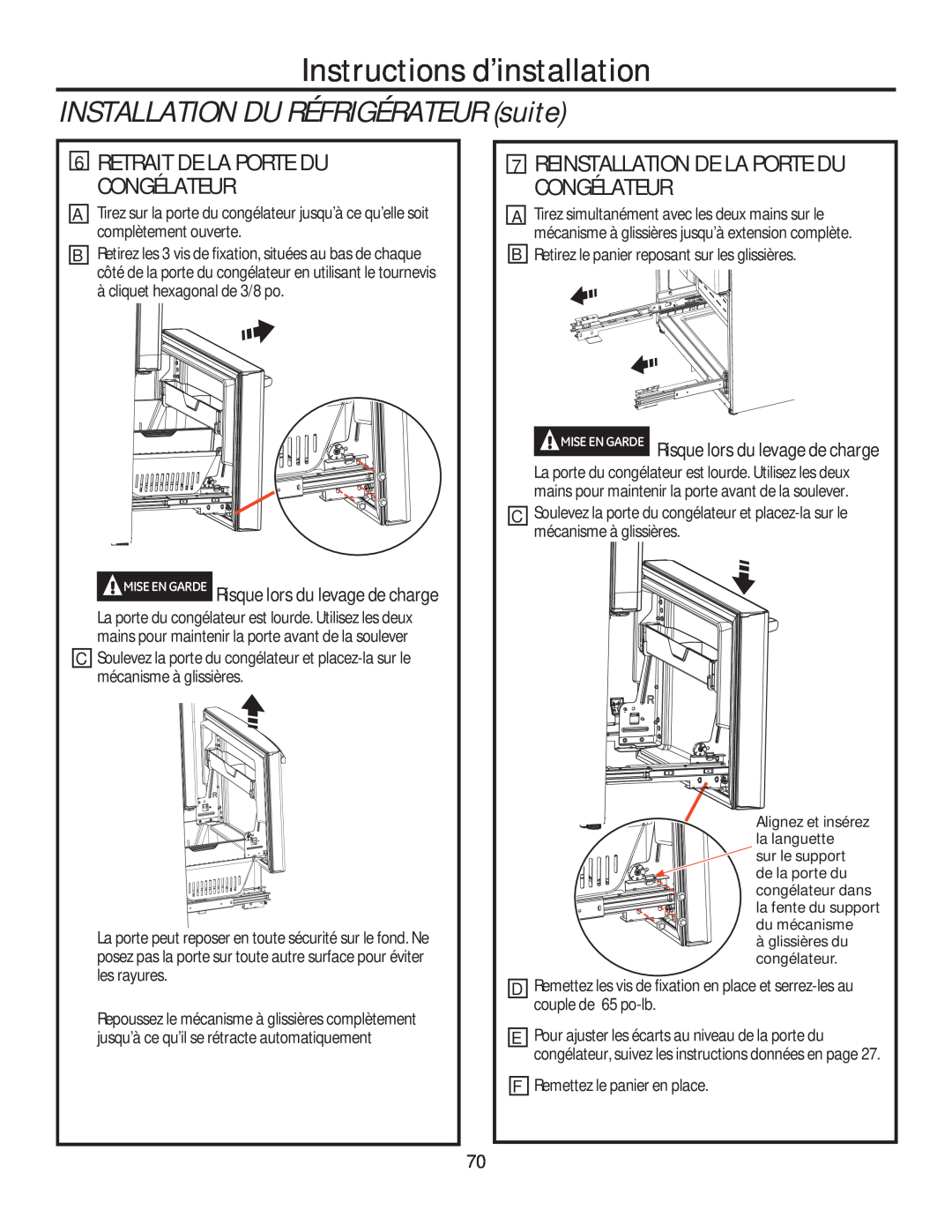 GE GFE28HMHES Retrait De La Porte Du Congélateur, Reinstallation De La Porte Du Congélateur, Instructions d’installation 