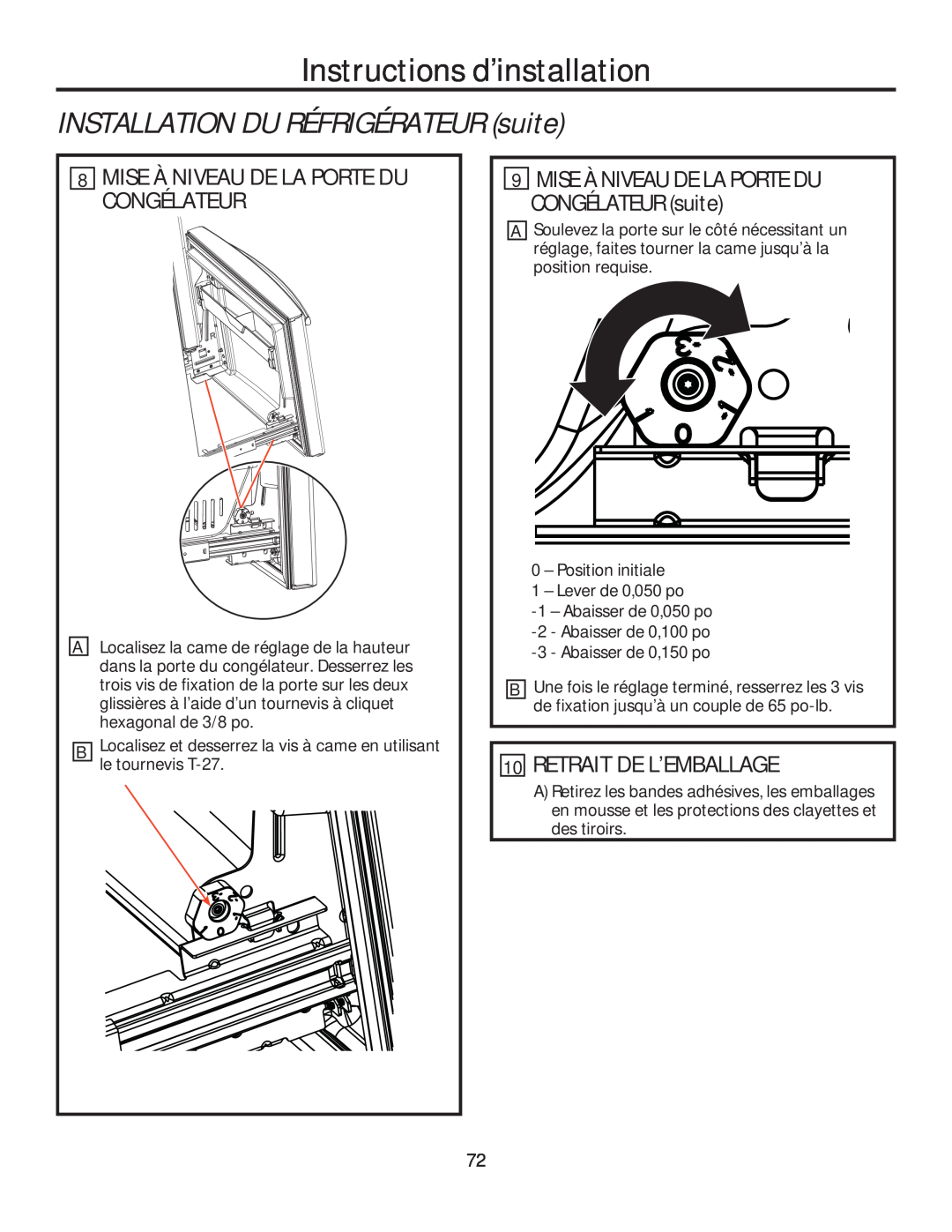 GE GFE28HGHBB, GFE28HMHES Mise À Niveau De La Porte Du Congélateur, Retrait De L’Emballage, Instructions d’installation 