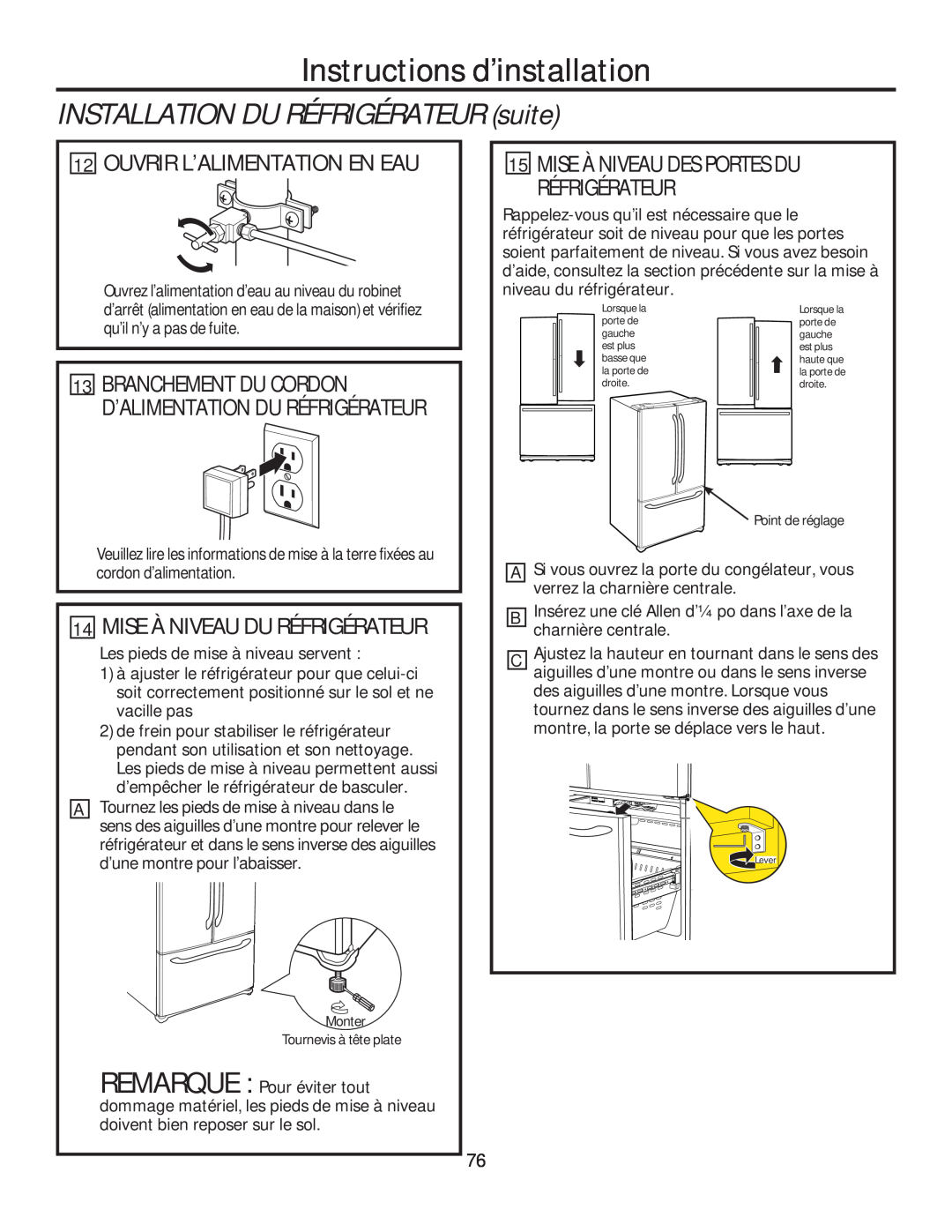 GE GFE28HMHES Ouvrir L’Alimentation En Eau, Mise À Niveau Du Réfrigérateur, Mise À Niveau Des Portes Du Réfrigérateur 