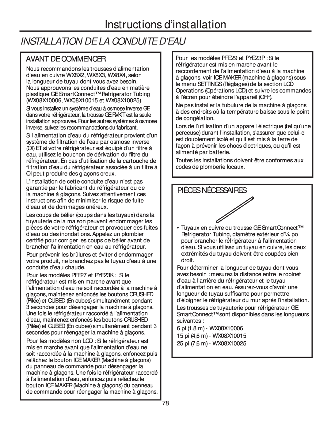 GE GFE28HGHBB Installation De La Conduite D’Eau, Pièces Nécessaires, Instructions d’installation, Avant De Commencer 