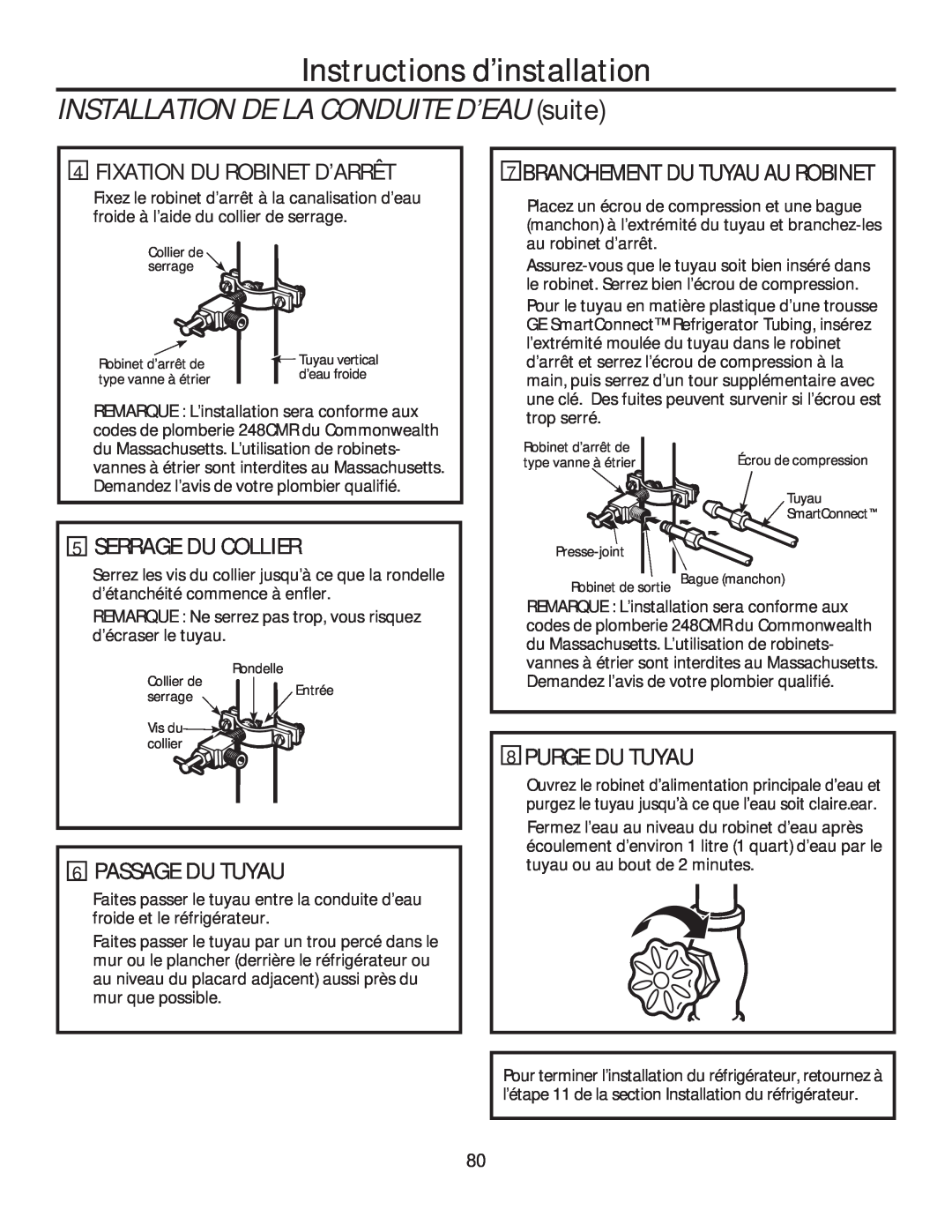 GE GFE28HSHSS, GFE28HGHBB, GFE28HMHES Fixation Du Robinet D’Arrêt, Serrage Du Collier, Passage Du Tuyau, Purge Du Tuyau 