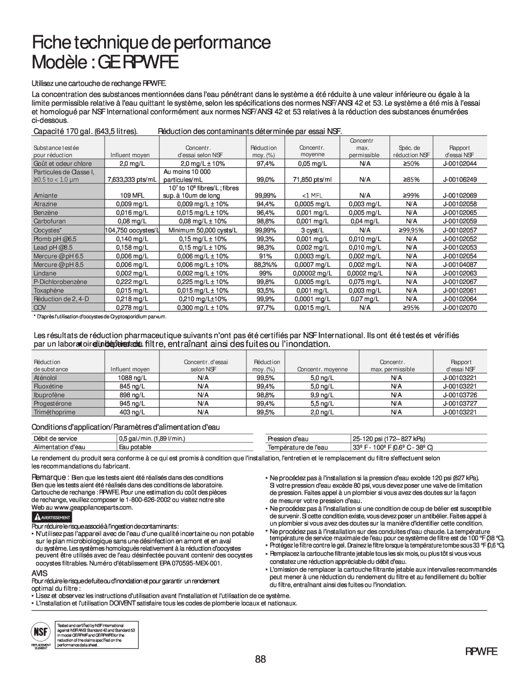 GE GFE28HMHES Fiche technique de performance Modèle GE RPWFE, Rpwfe, Capacité 170 gal. 643,5 litres, Avis, Concentr, • 