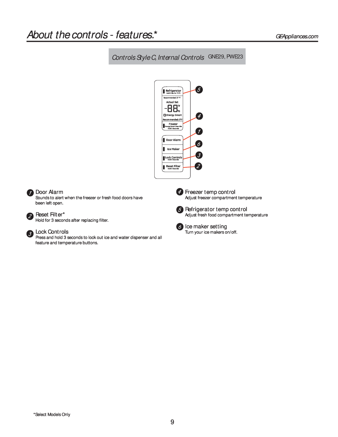 GE GFE28HGHBB About the controls - features, Controls Style C, Internal Controls, Door Alarm, Freezer temp control 