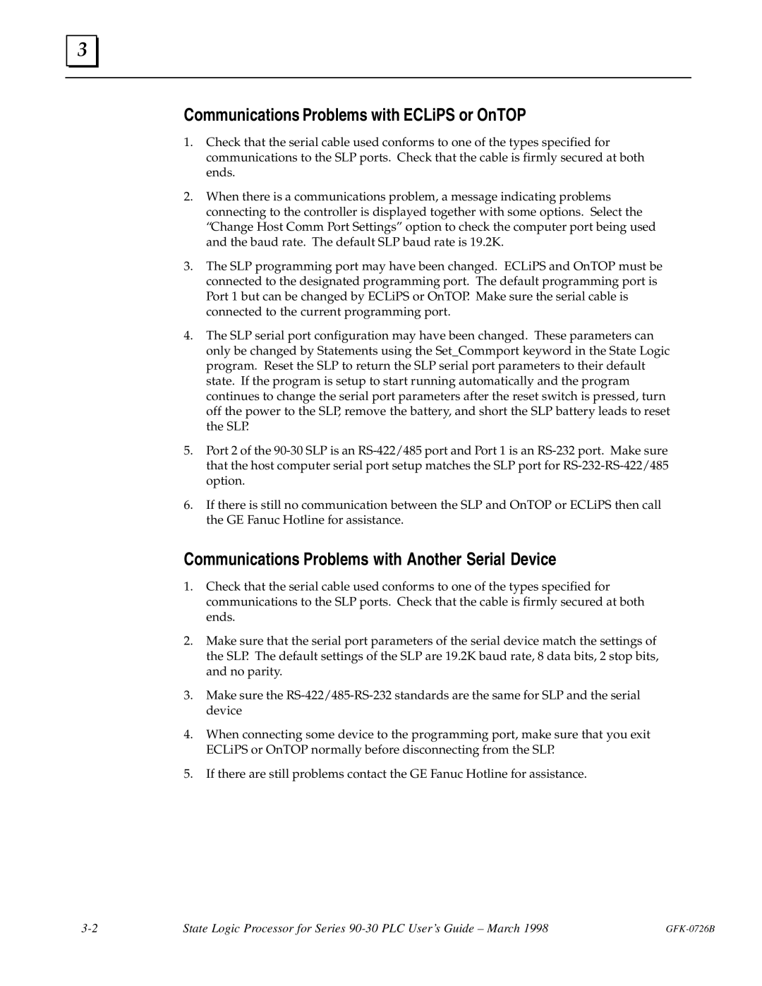 GE GFK-0726B manual Communications Problems with ECLiPS or OnTOP, Communications Problems with Another Serial Device 