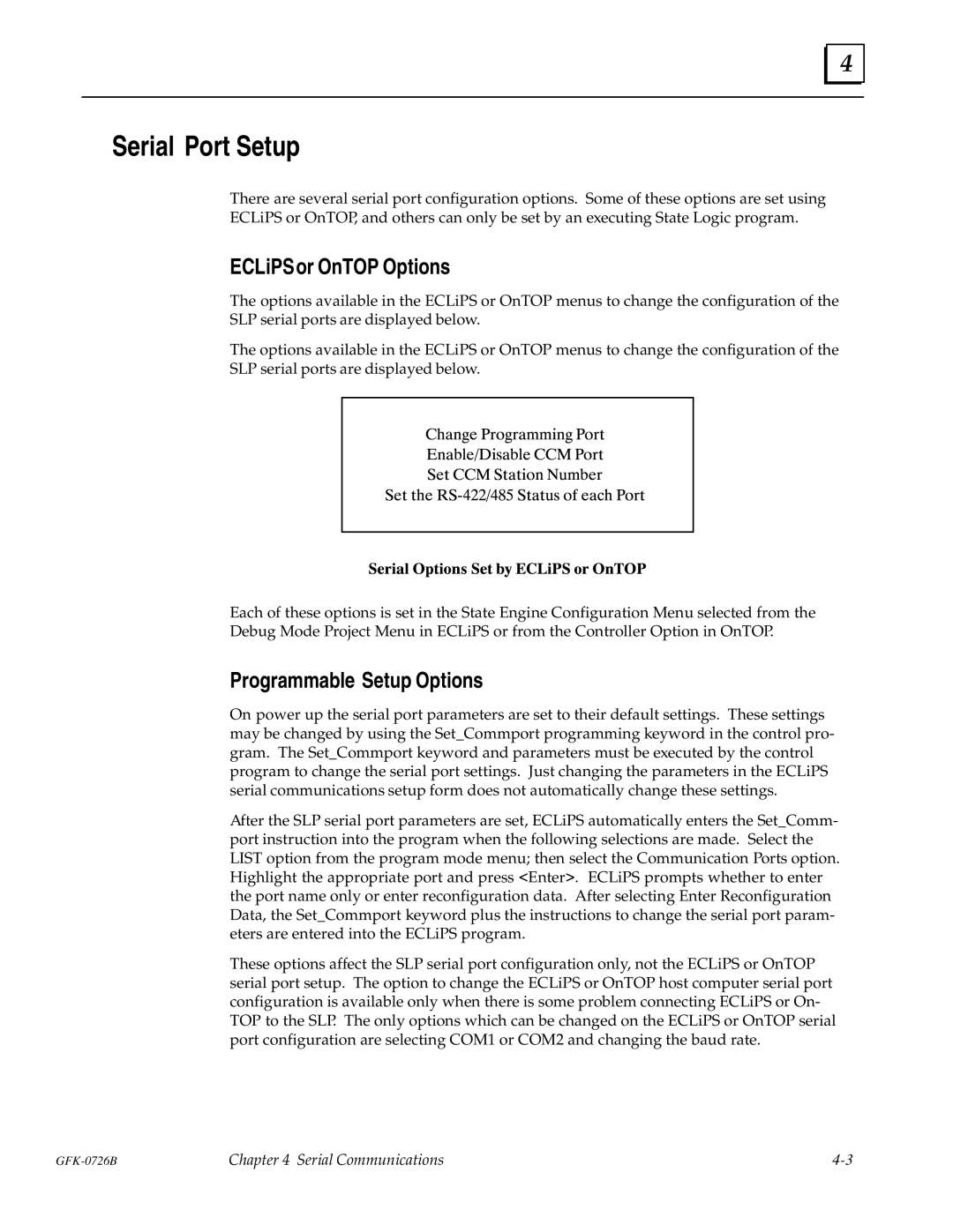 GE GFK-0726B manual Serial Port Setup, ECLiPSor OnTOP Options, Programmable Setup Options 