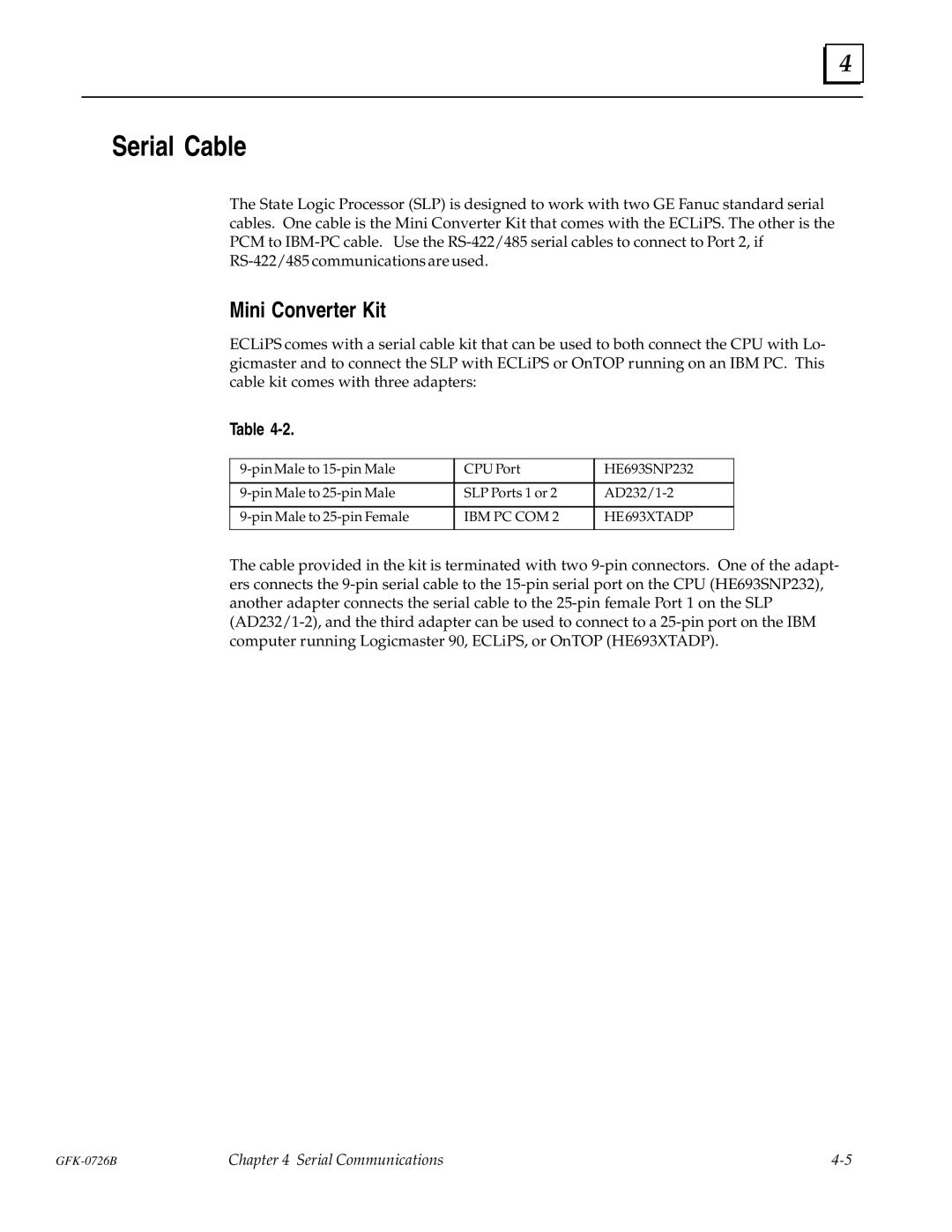 GE GFK-0726B manual Serial Cable, Mini Converter Kit 