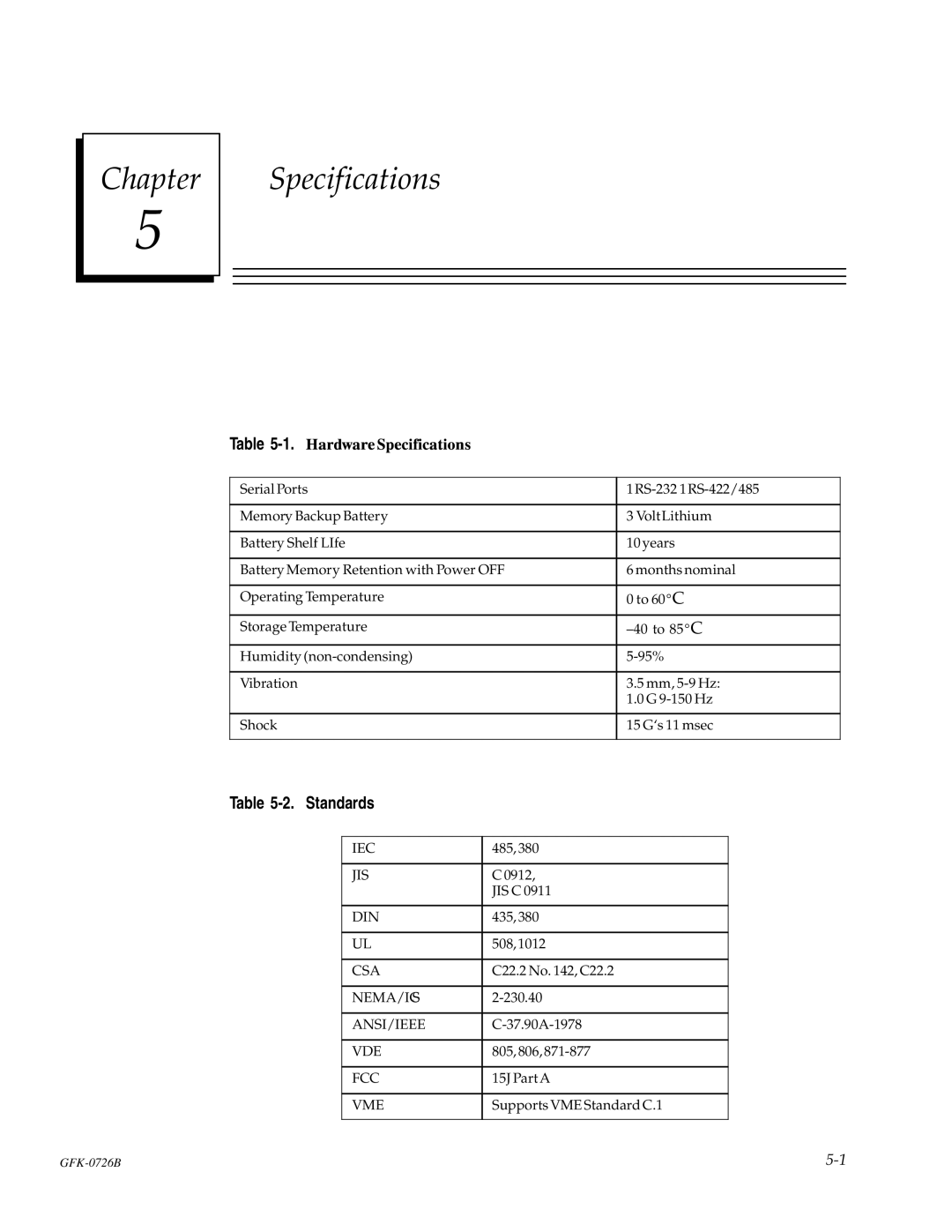 GE GFK-0726B manual Chapter Specifications, HardwareSpecifications 