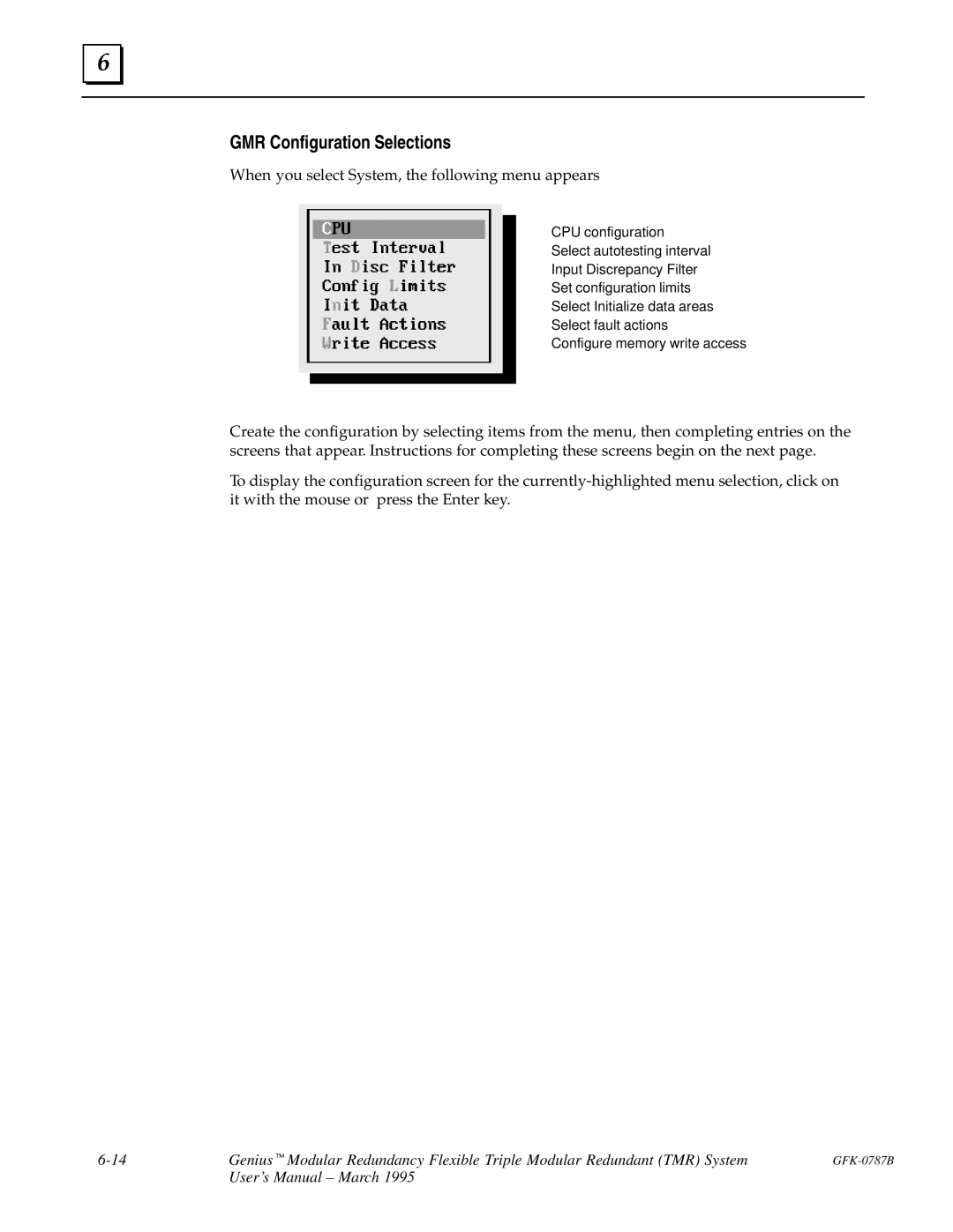 GE GFK-0787B user manual GMR Configuration Selections, When you select System, the following menu appears 