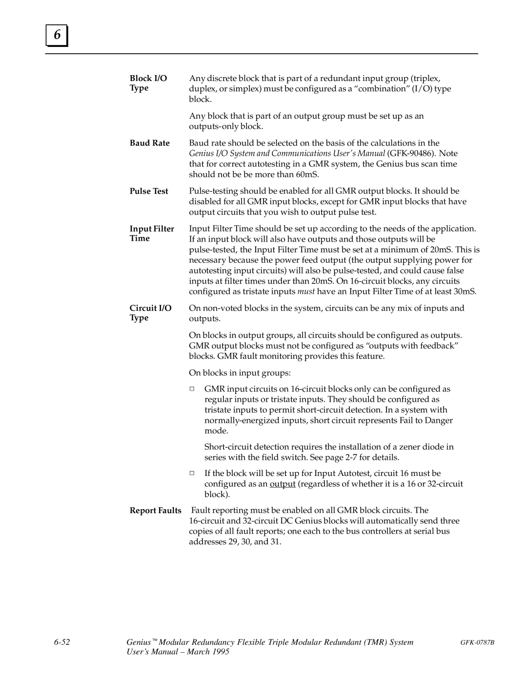 GE GFK-0787B user manual Block I/O Type Baud Rate Pulse Test Input Filter Time, Circuit I/O Type Report Faults 