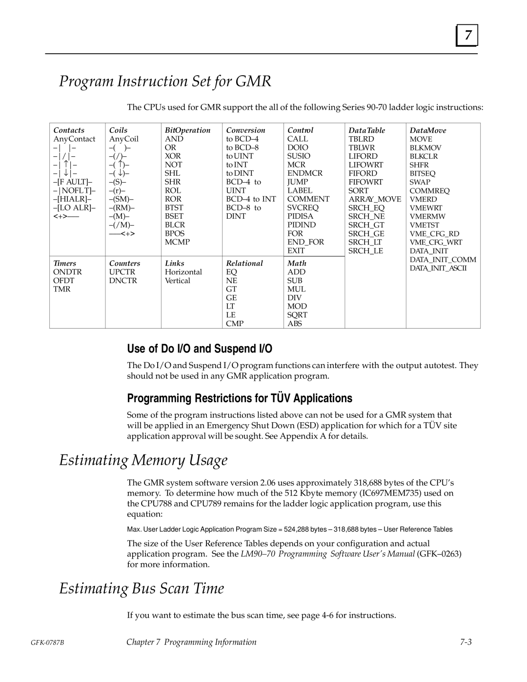 GE GFK-0787B user manual Program Instruction Set for GMR, Estimating Memory Usage, Estimating Bus Scan Time 