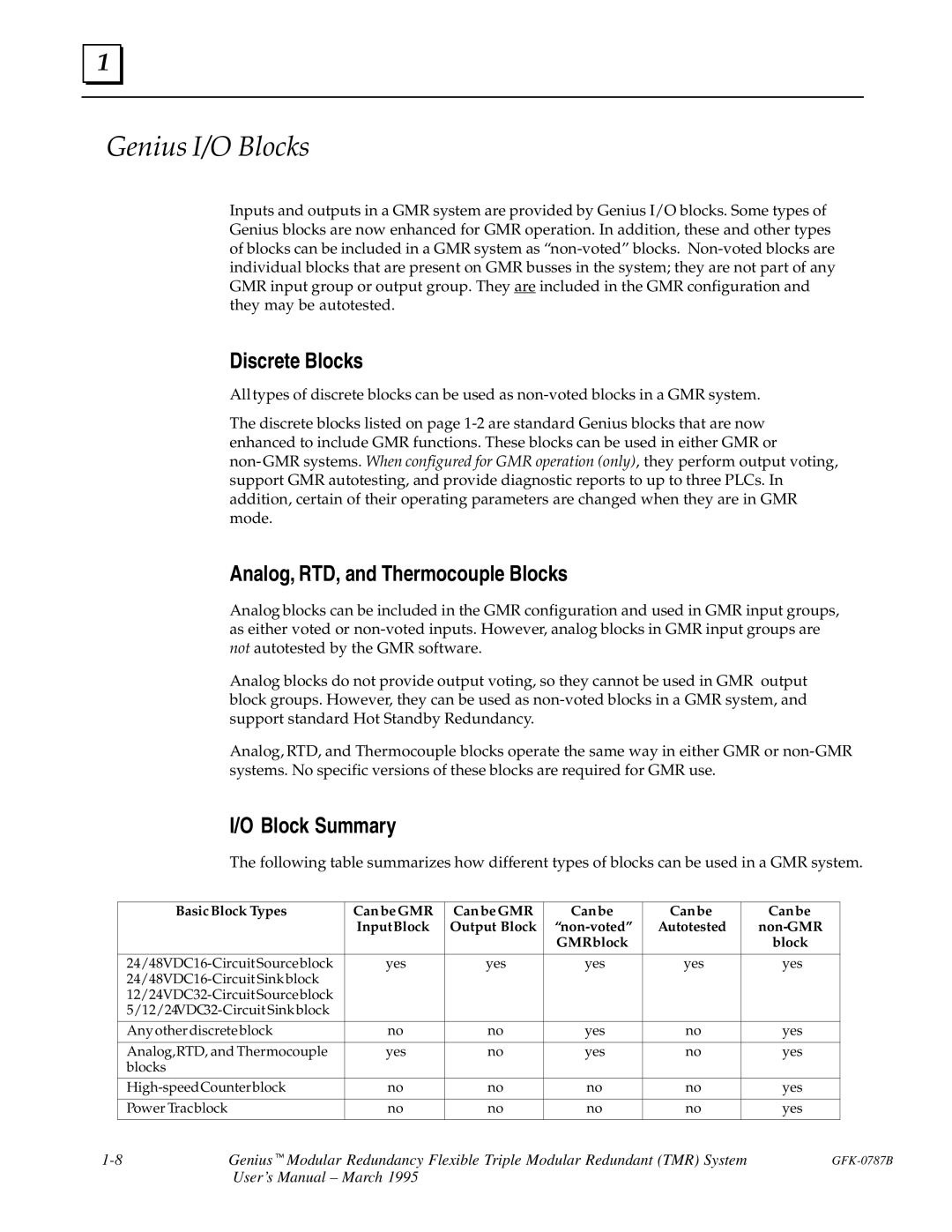 GE GFK-0787B user manual Genius I/O Blocks, Discrete Blocks, Analog, RTD, and Thermocouple Blocks, Block Summary 