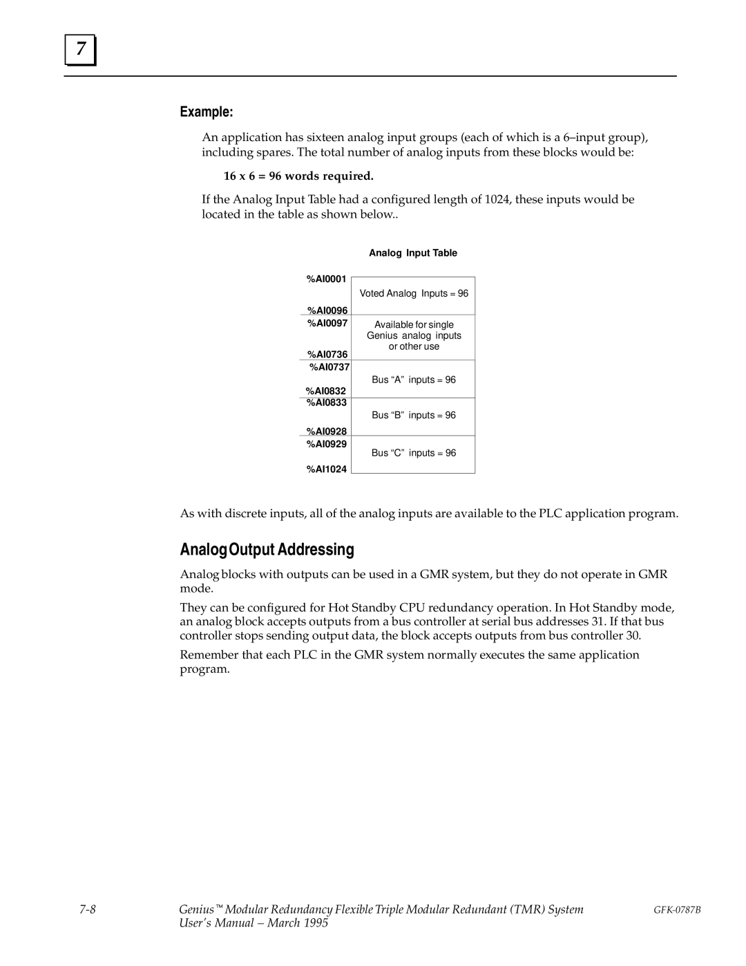 GE GFK-0787B user manual AnalogOutput Addressing, Example, 16 x 6 = 96 words required 