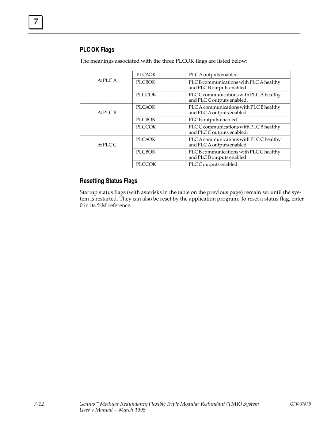 GE GFK-0787B user manual PLC OK Flags, Resetting Status Flags 