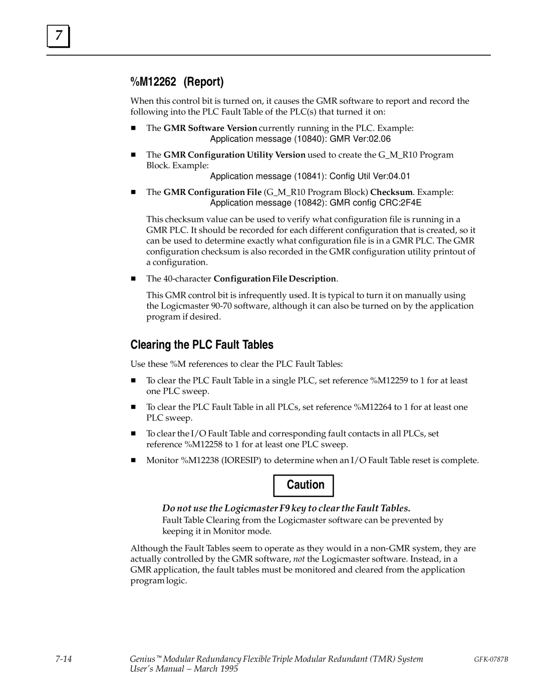 GE GFK-0787B user manual M12262 Report, Clearing the PLC Fault Tables, characterConfiguration File Description 