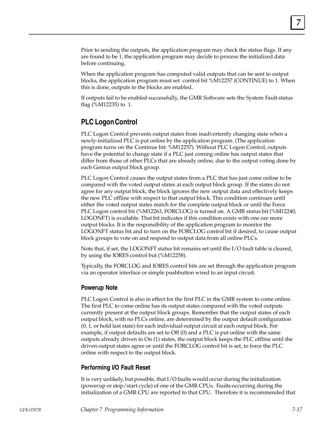 GE GFK-0787B user manual Powerup Note, Performing I/O Fault Reset 