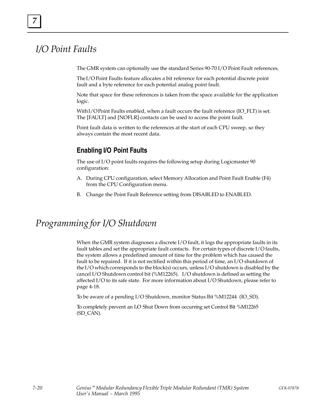 GE GFK-0787B user manual Programming for I/O Shutdown, Enabling I/O Point Faults 