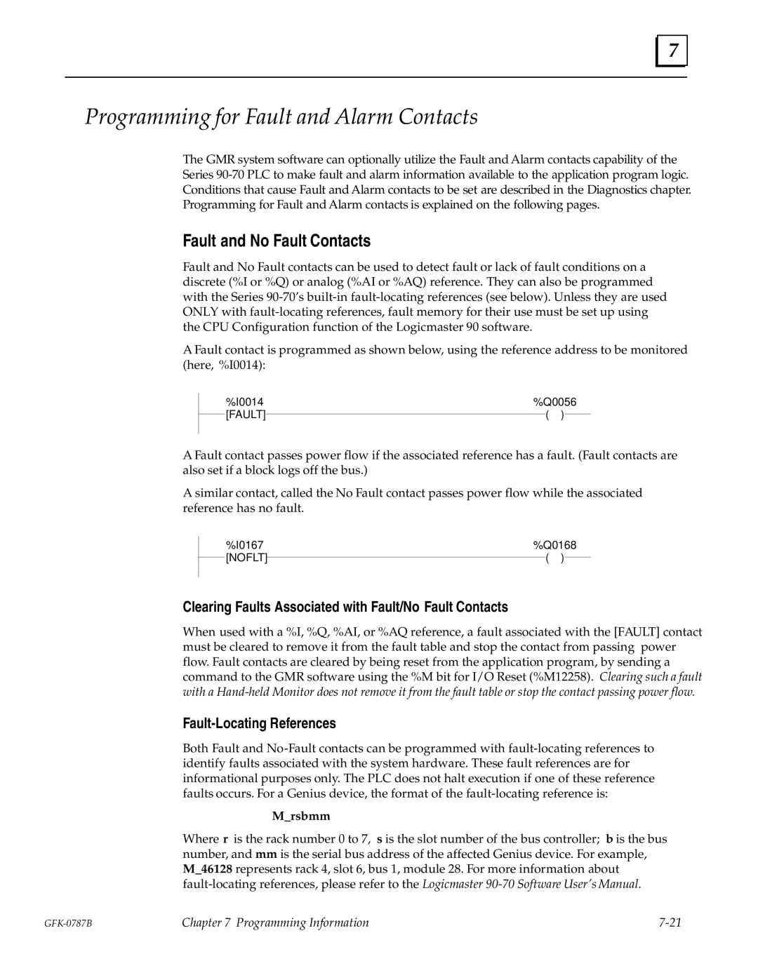 GE GFK-0787B Programming for Fault and Alarm Contacts, Fault and No Fault Contacts, Fault-Locating References, Mrsbmm 