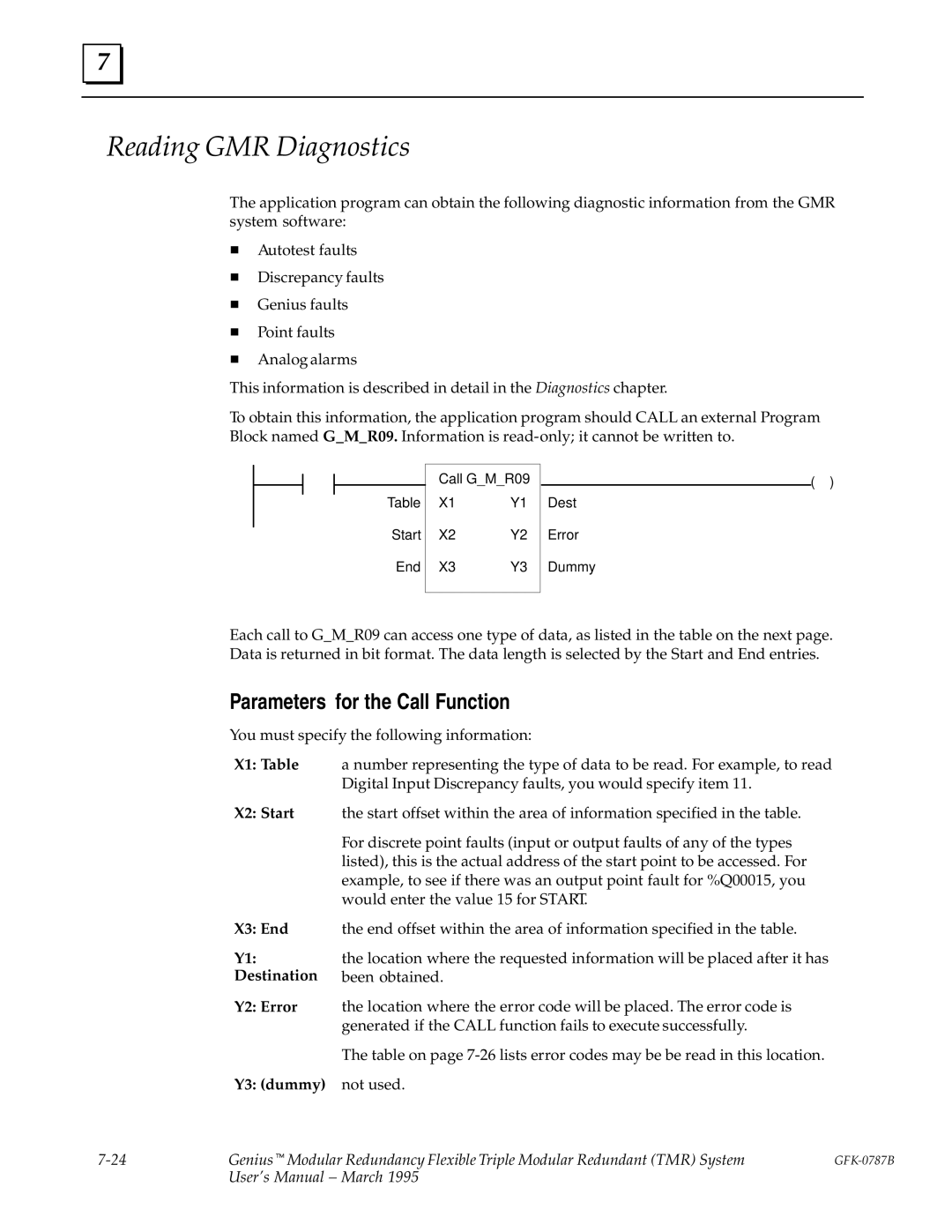 GE GFK-0787B user manual Reading GMR Diagnostics, Parameters for the Call Function, Y3 dummy not used 